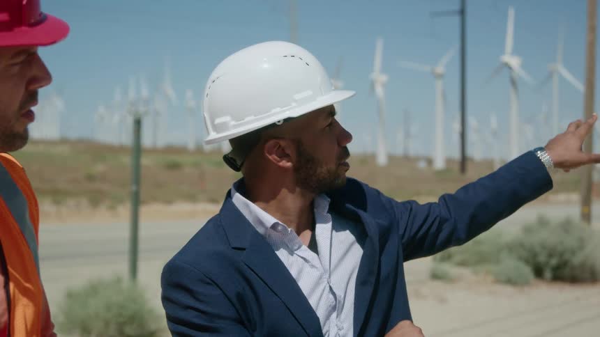 Engineers with red and white hardhats talk with each other in the wind farm