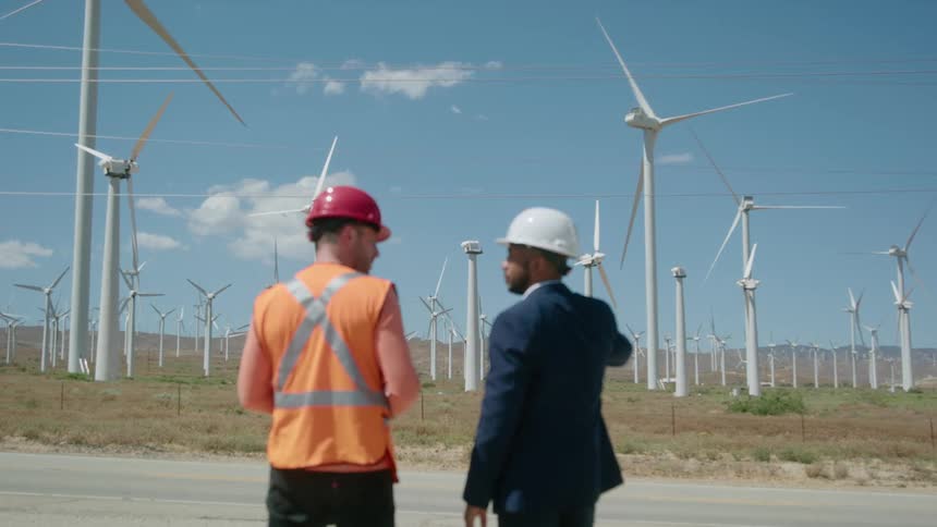 Two workers talk by the windmills