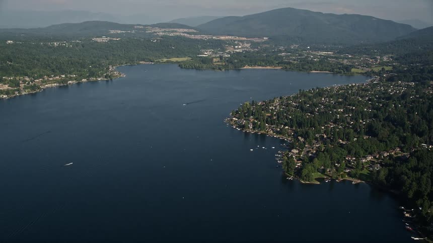 Aerial view of sunny lakeside homes with piers along the shoreline in Issaquah Washington