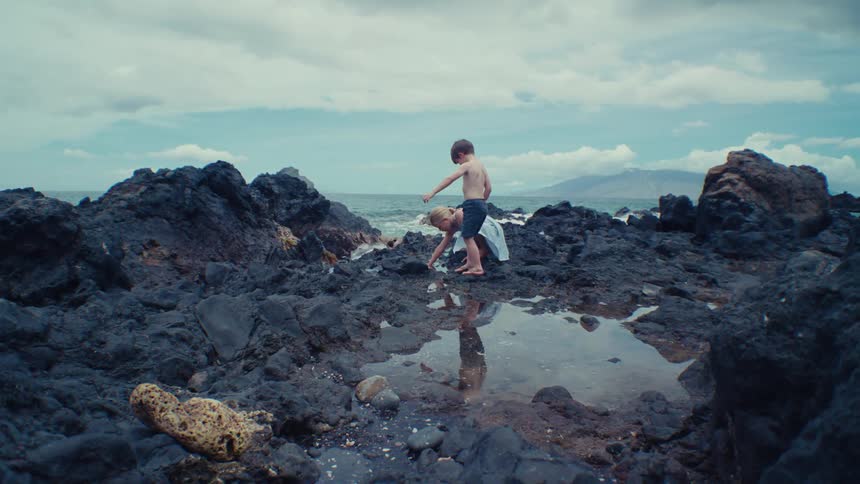 Siblings move across black rock on shore examining tidal pool