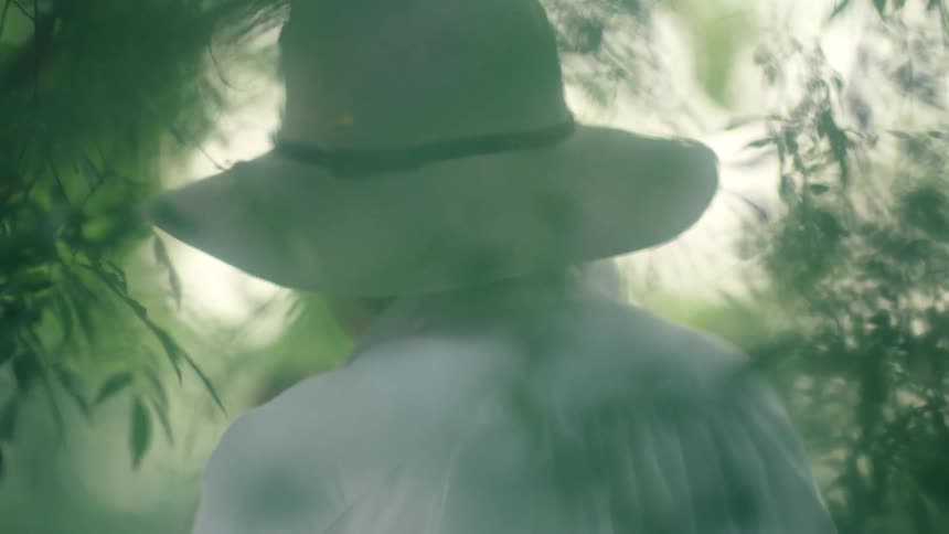 The view is of a portrait of a woman that is outdoors