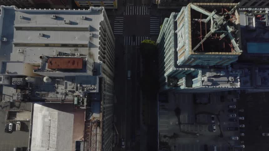 A broad street between skyscrapers in a metropolis during the day