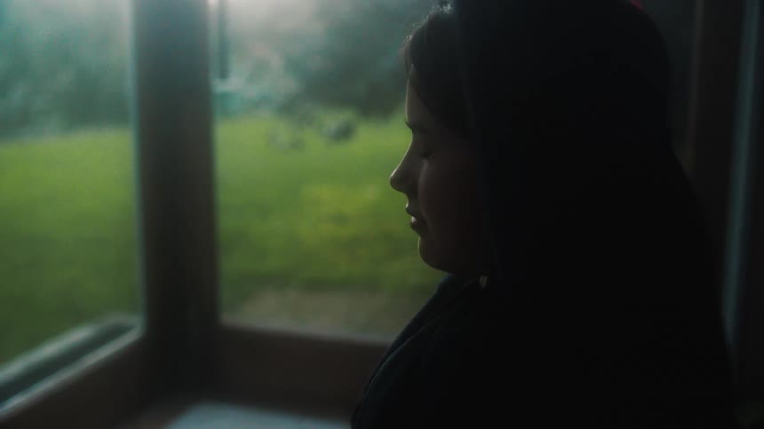 The view is of a portrait of a teenager girl that is looking out the window