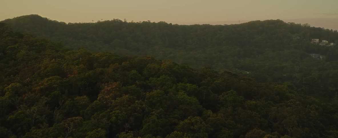 An aerial of tree covered hills in a rural area