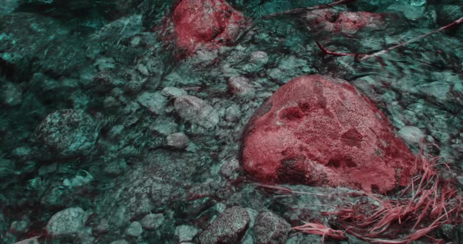 Large red stones contrast with smaller greenish gray stones under waves