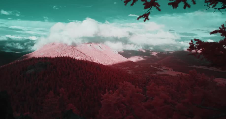 Colored filter tints conifers on mountain red and the sky greenish