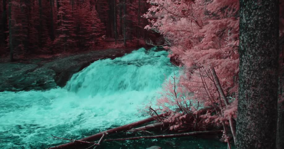 Colored filter tints vegetation bordering river waterfall red