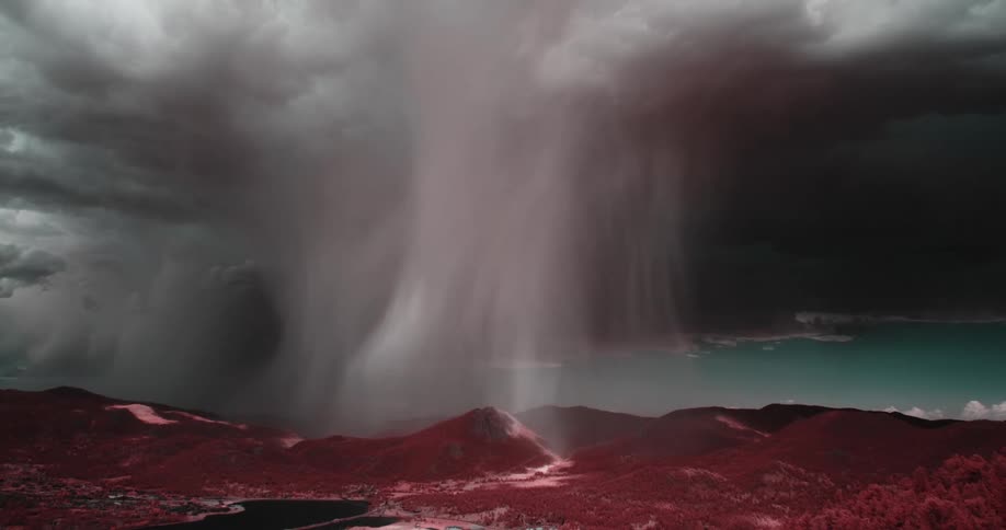 Dark storm front moves across red tinted landscape