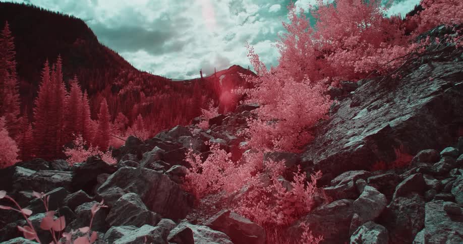 Colored filter tints forestbetween rocks strewn slope and mountains red