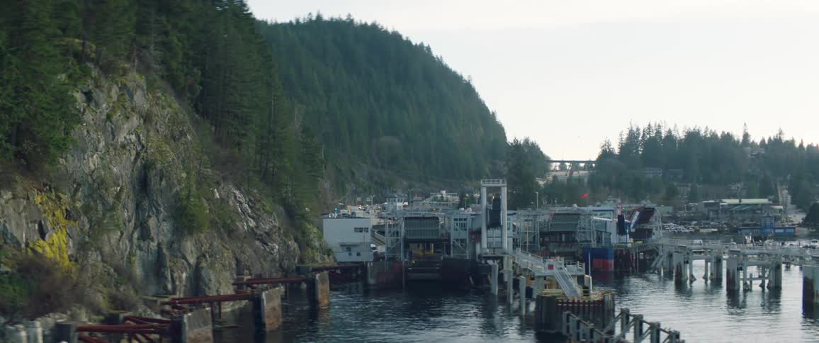 A lake with docks next to a cliff with trees and the sky in the background