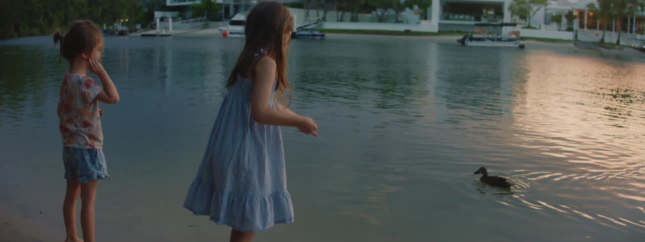 Two little girls standing on the edge in a vacation home area of a lake at dusk feeding a duck