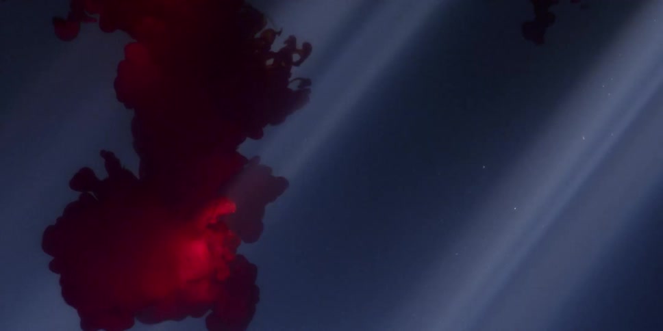 A cloud of red liquid pours into clear liquid and disperses