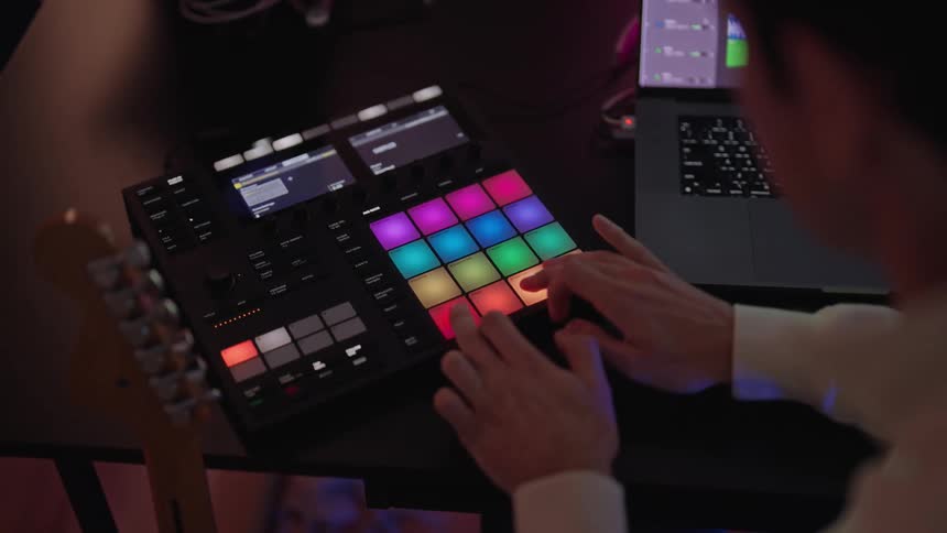A man is pressing a machine with colorful squares in order to make music using a nearby laptop