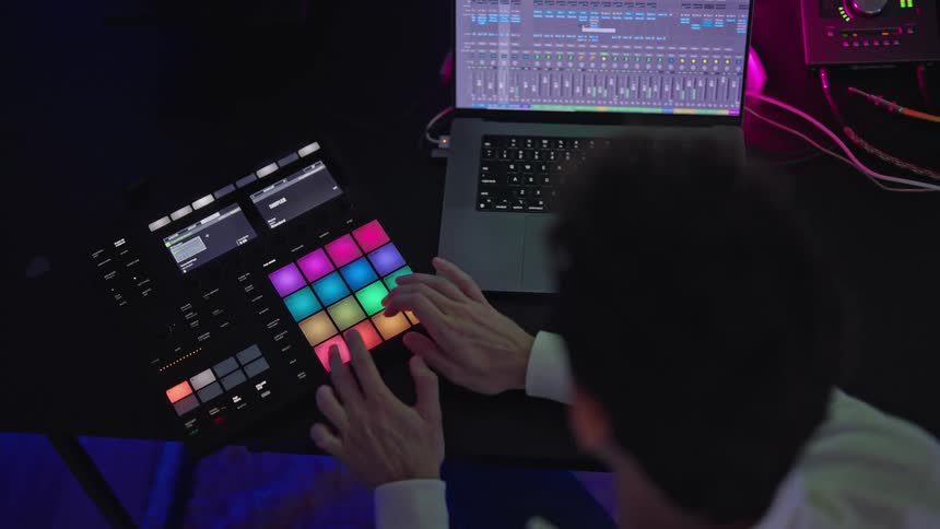 Man manipulates digital keypad while viewing sound mixer display on laptop