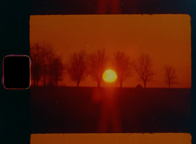 The large orange sun rises between trees over an open field while the sky glows red with vibrant sunlight at dawn of a beautiful day or a stunning red sunset in the evening time at dusk on old vintage Super 8 film