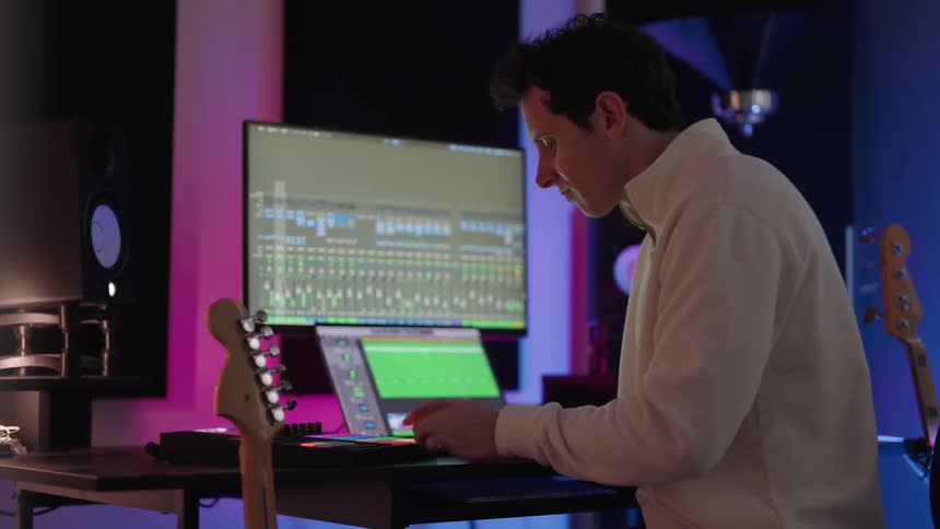 Musician uses music production device in studio near laptop and monitor
