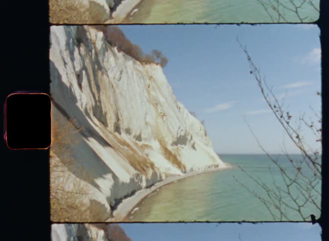 Leafless and brush with fall foliage tops cliff towering over beach