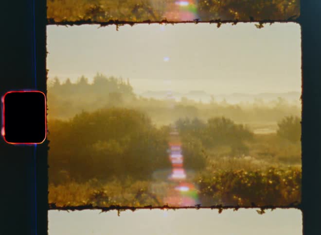 Sun glares across foggy landscape of fields and brush stretching to mountains on the horizon as the sun rises or during sunrise in the morning time with lens flare
