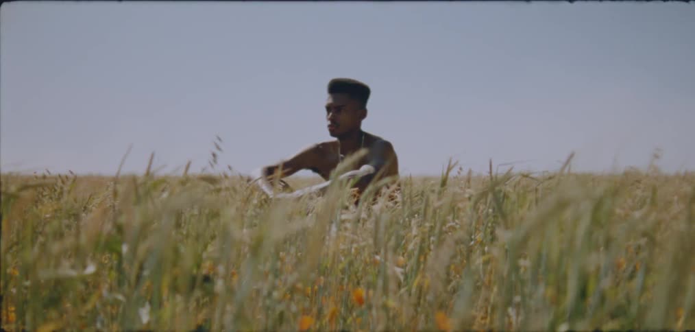 Man sits in field of grass and flowers on windy day under a clear sky