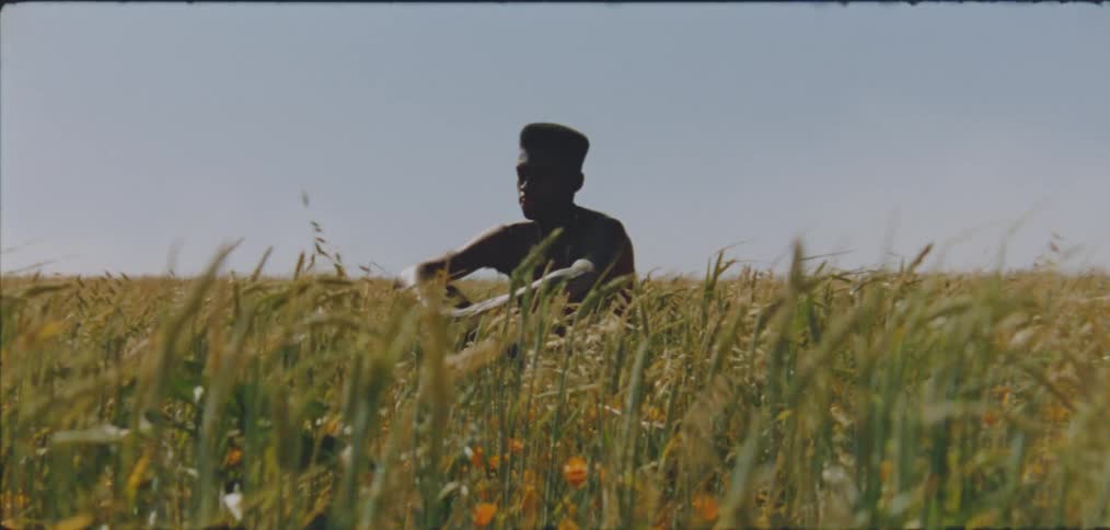 A boy sits in a grassy field while looking sad without moving