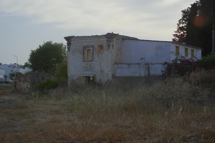 An abandoned house surrounded by tall grass and overgrown vegetation