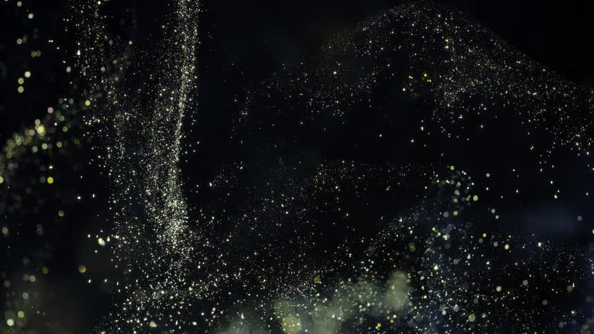 Green shimmering particles move in 3d space and reflect light