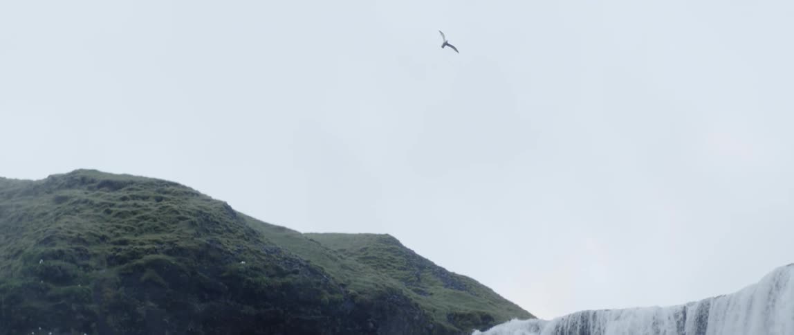 A bird is flying above a waterfall on a cloudy day