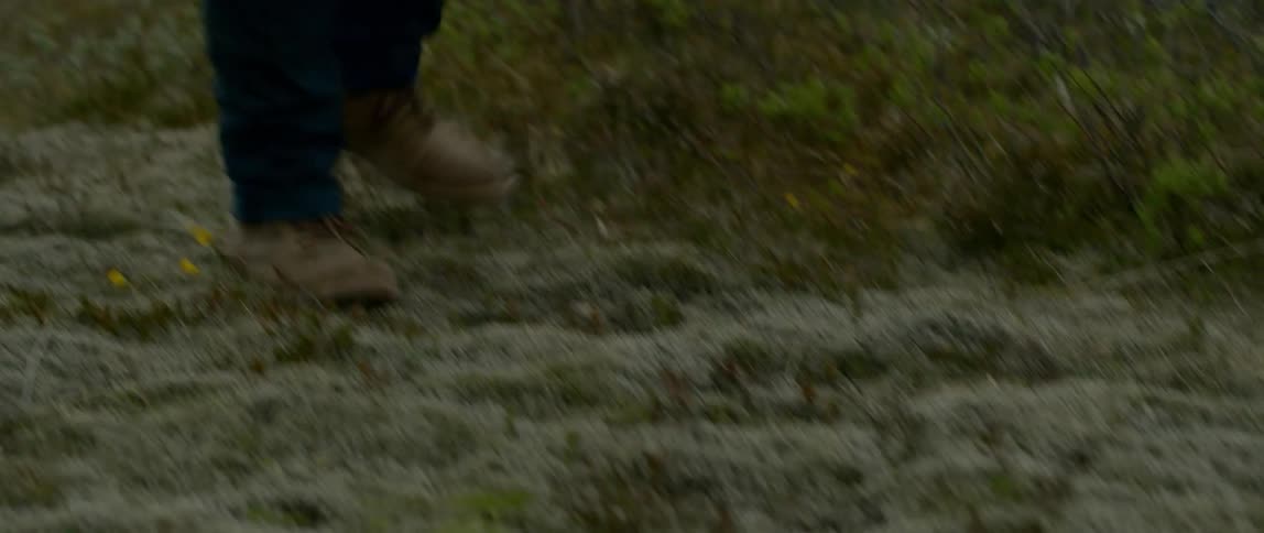 A man walks to some moss looking for something in the ground