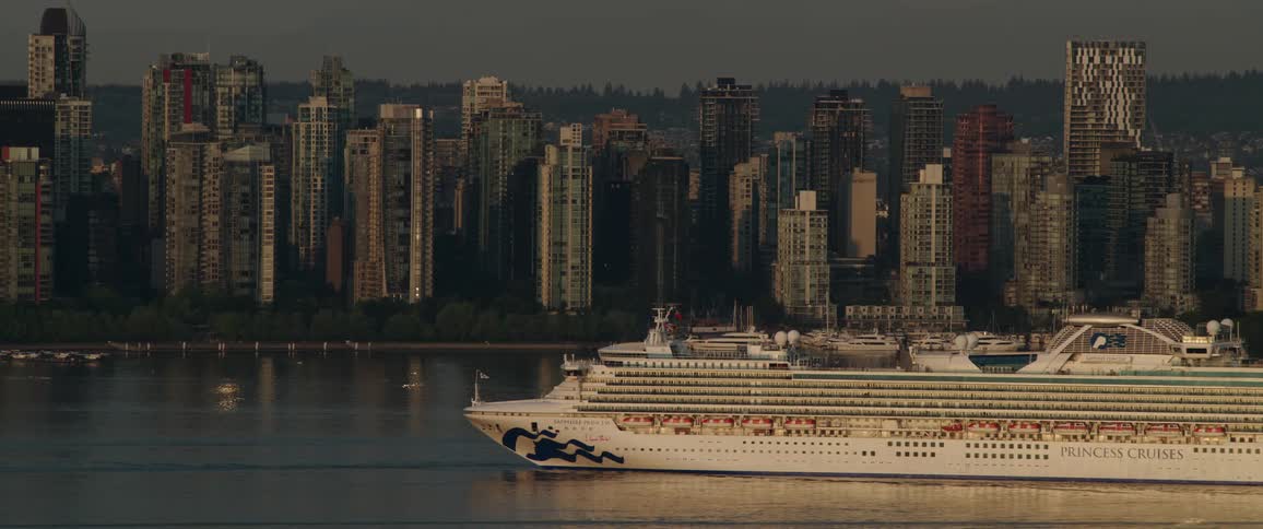 Cruise ship sailing in the sea near a city