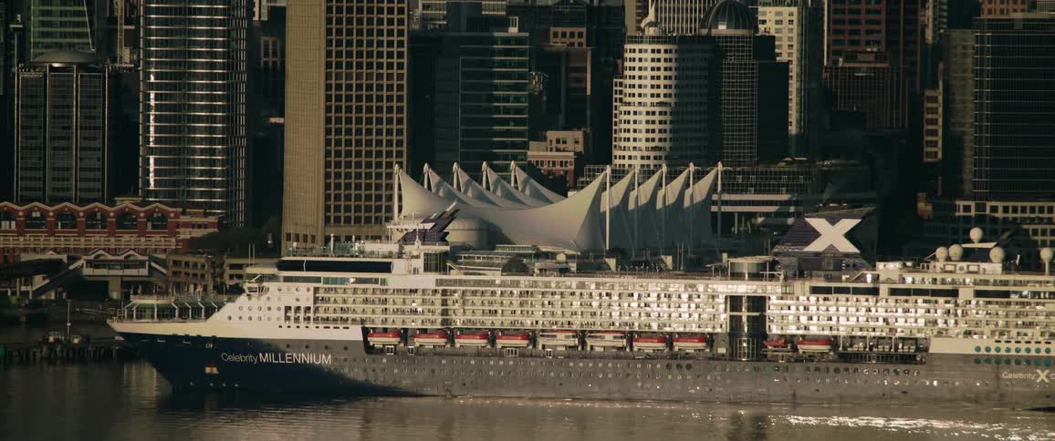 A large cruise ship passes the city