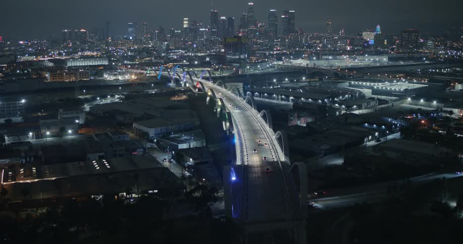 Night time aerial view of sixth street bridge