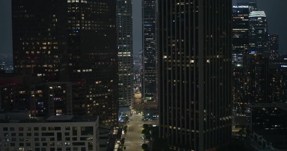 Aerial view of tall skyscrapers during the night time