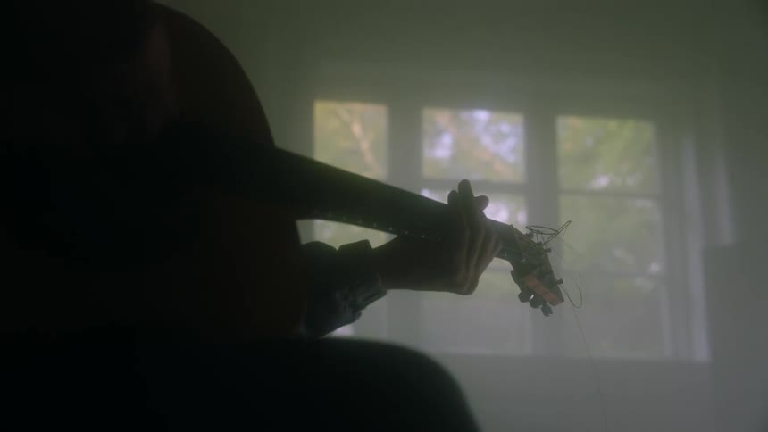 Guitarist playing in a dimly lit room framed by a window revealing trees outside