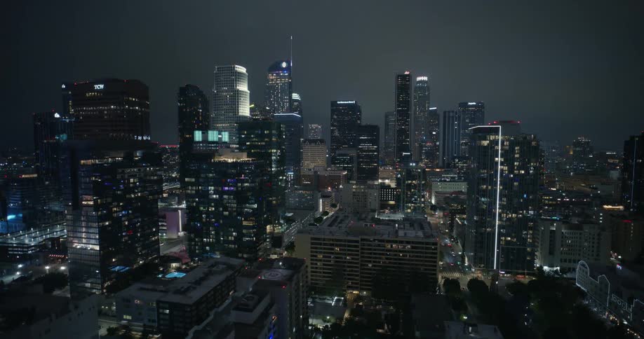 Skyscrapers loom over a metropolis at night