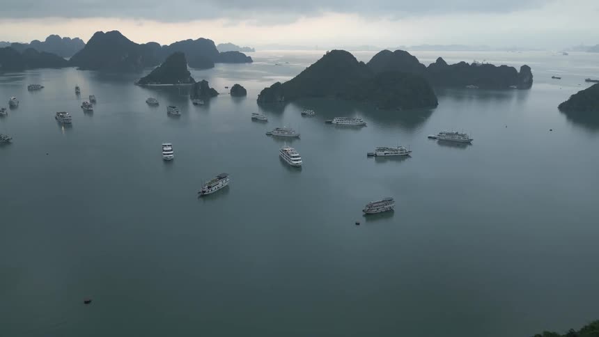 Ships are anchored around the islands