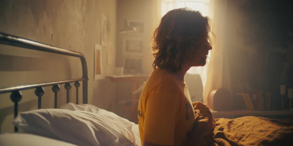 Man sits up in bed and slowly moves to the side
