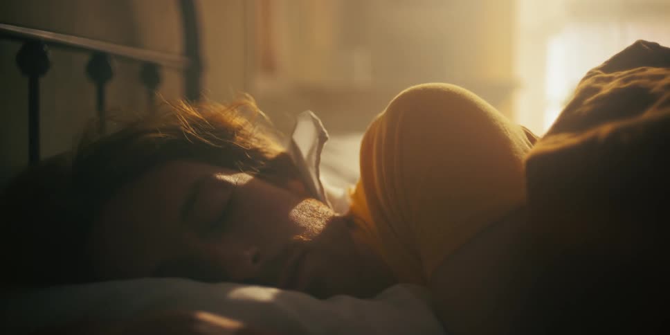 A close up view of a man sleeping in his bed