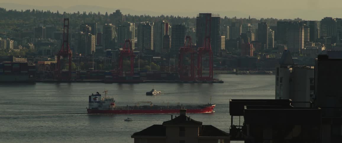 Cargo ship in a bay with a metropolitan city on the horizon