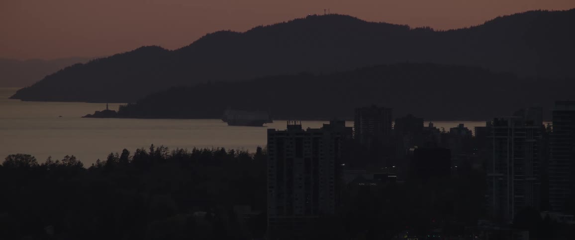 A mountain and trees surrounded by water at dusk