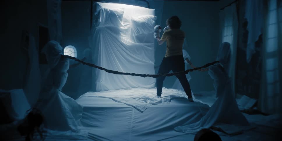 Man with white boxing gloves on standing in a ring covered in sheets getting ready to fight a bed standing up right