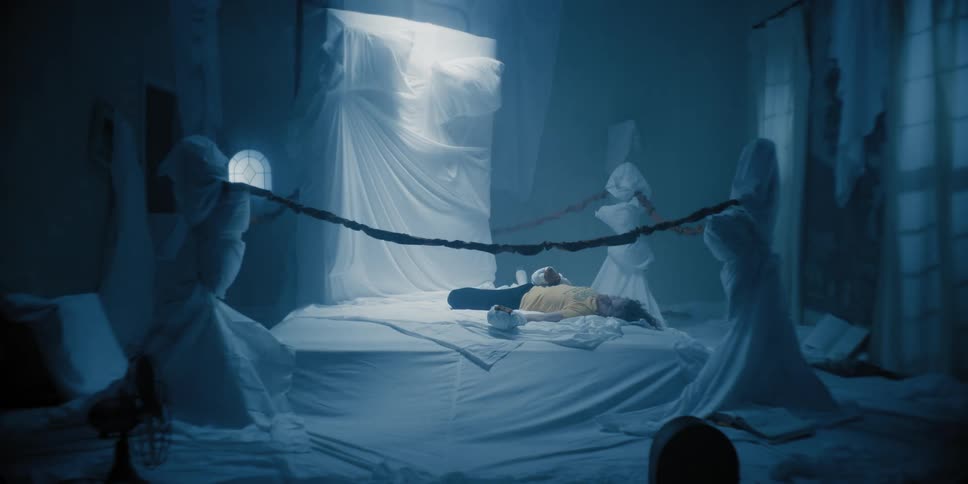 A man is laying down as he bed rises