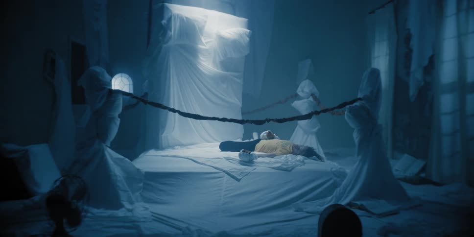 Man lies on platform in symbolic boxing ring as bed straightens in artistic tableau
