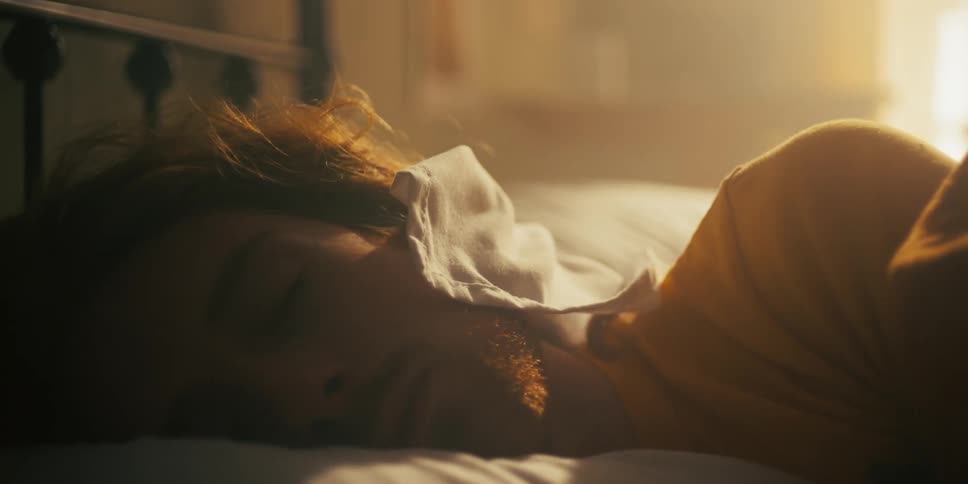 Man sleeping on his bed during the day with the bedsheet sliding off his face