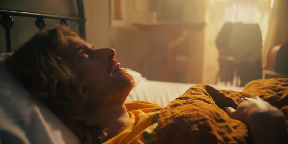 A man lying on the bed opens his eyes with an anxious expression on his face and heavy breathing and then sitting up