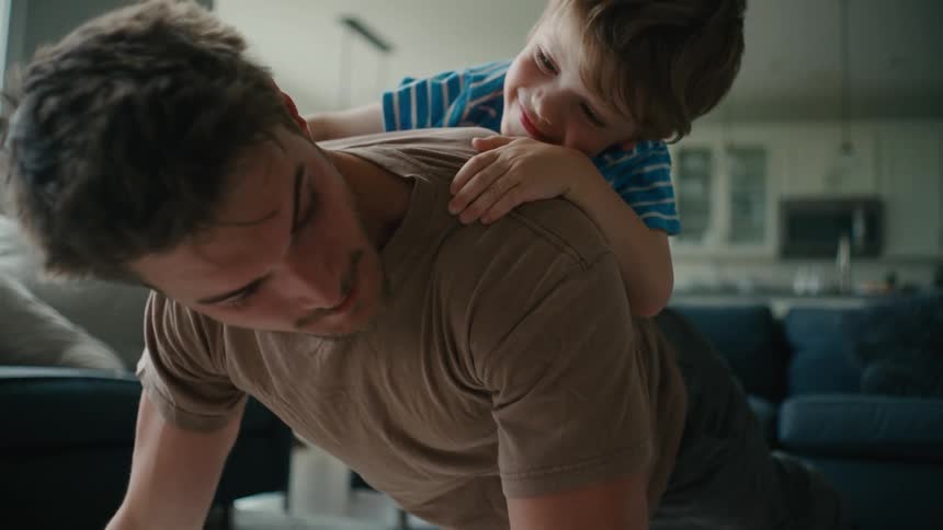 Father does push ups on living room floor with his son lying on his back
