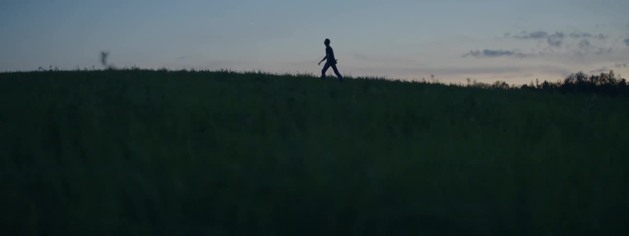 Man silhouetted against the blue sky after dusk walks through grass