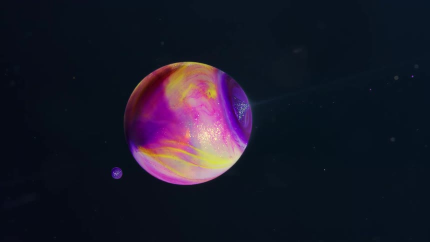 Large multicolored sphere follows tiny purple sphere through black background