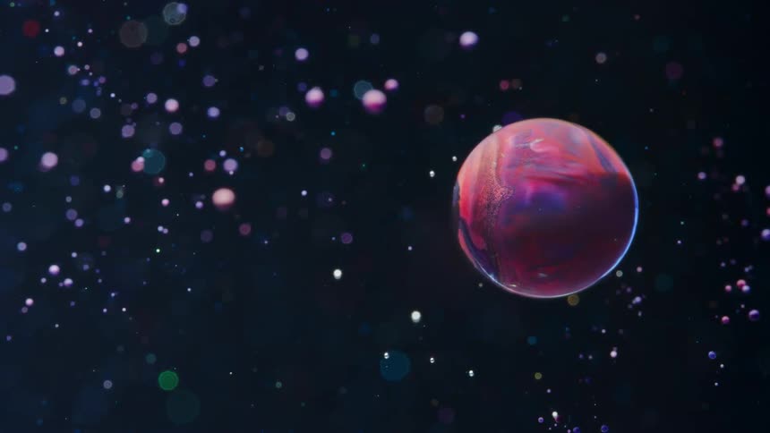 Digital art of a galaxy with a pink planet passing by in the background