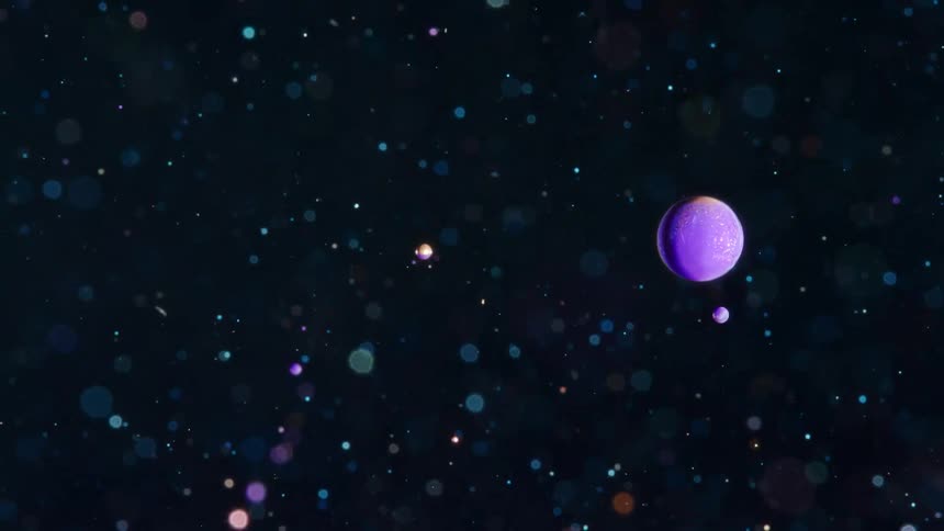 A purple globe floats among other spheres and glowing orbs among the stars in the darkness