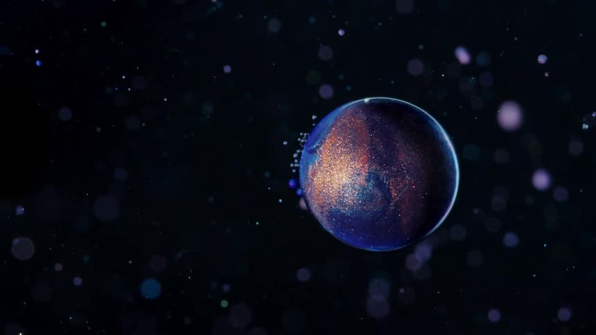A small orb floats by in the artwork like planet earth across the sky